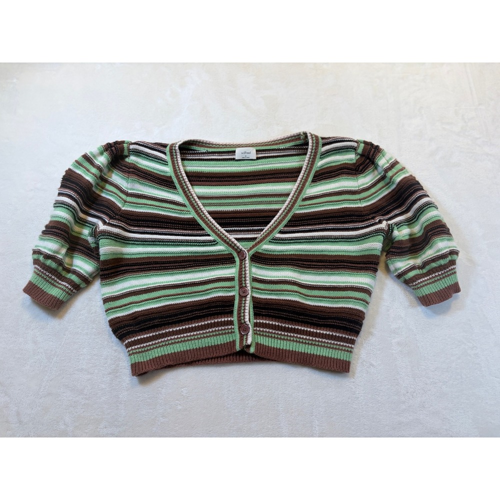 Wilfred Aritzia Green Striped Merino Wool Cropped Cardigan Women Sz M Excellent